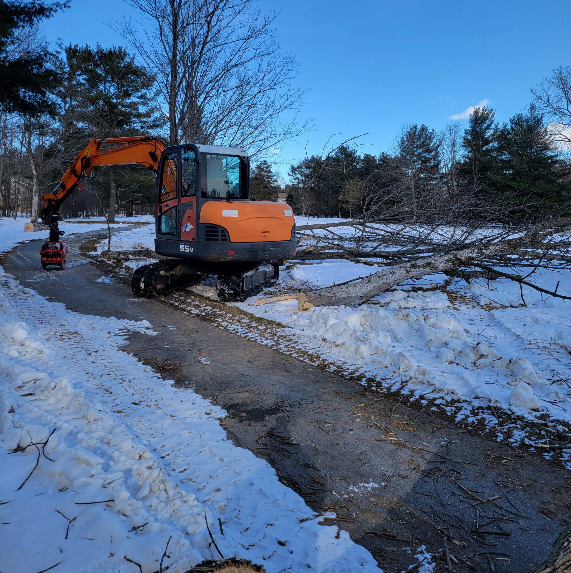 Brush clearing equipment removing a fallen tree on a snowy residential property.